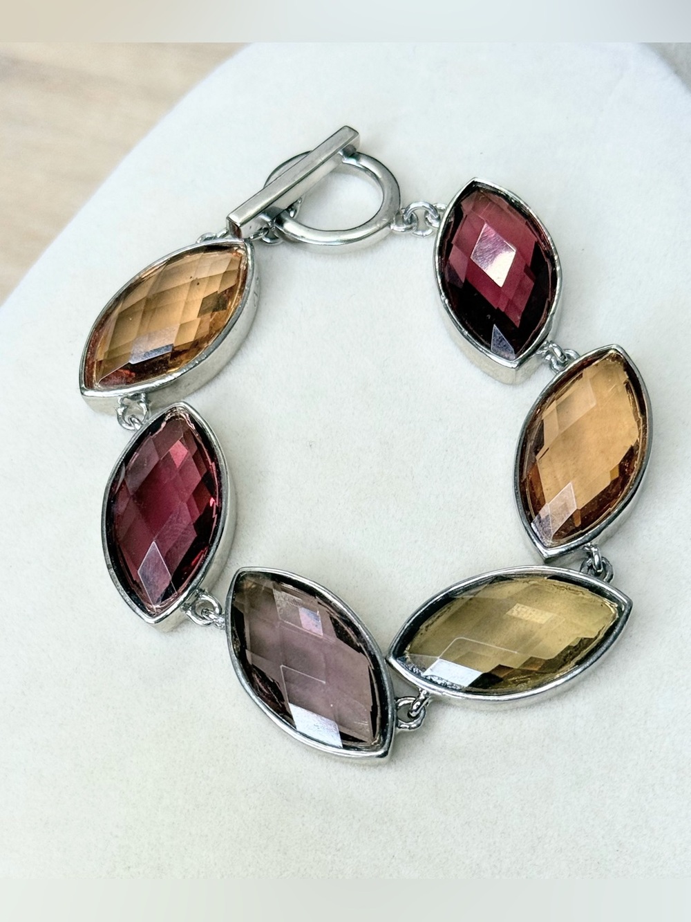 Anne Klein Bracelet Multicolor Faceted Crystal Silver Tone Toggle 8” Statement